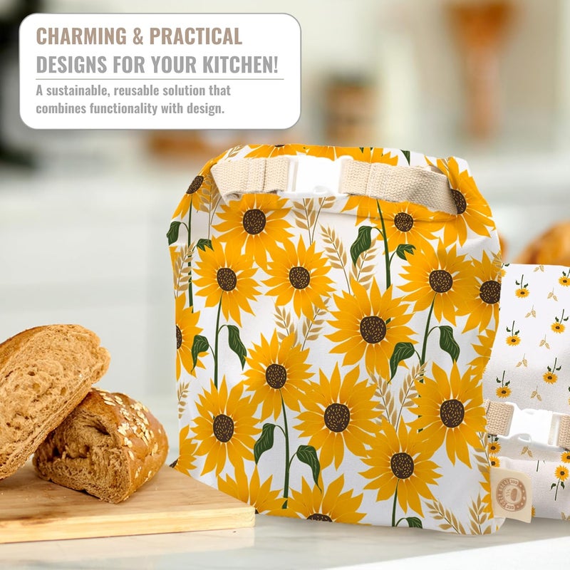 Cozy Bread ® Reusable Bread Bag Set for Home Bakers | USA Brand | Charming Designs (Sunflower) - Image 5